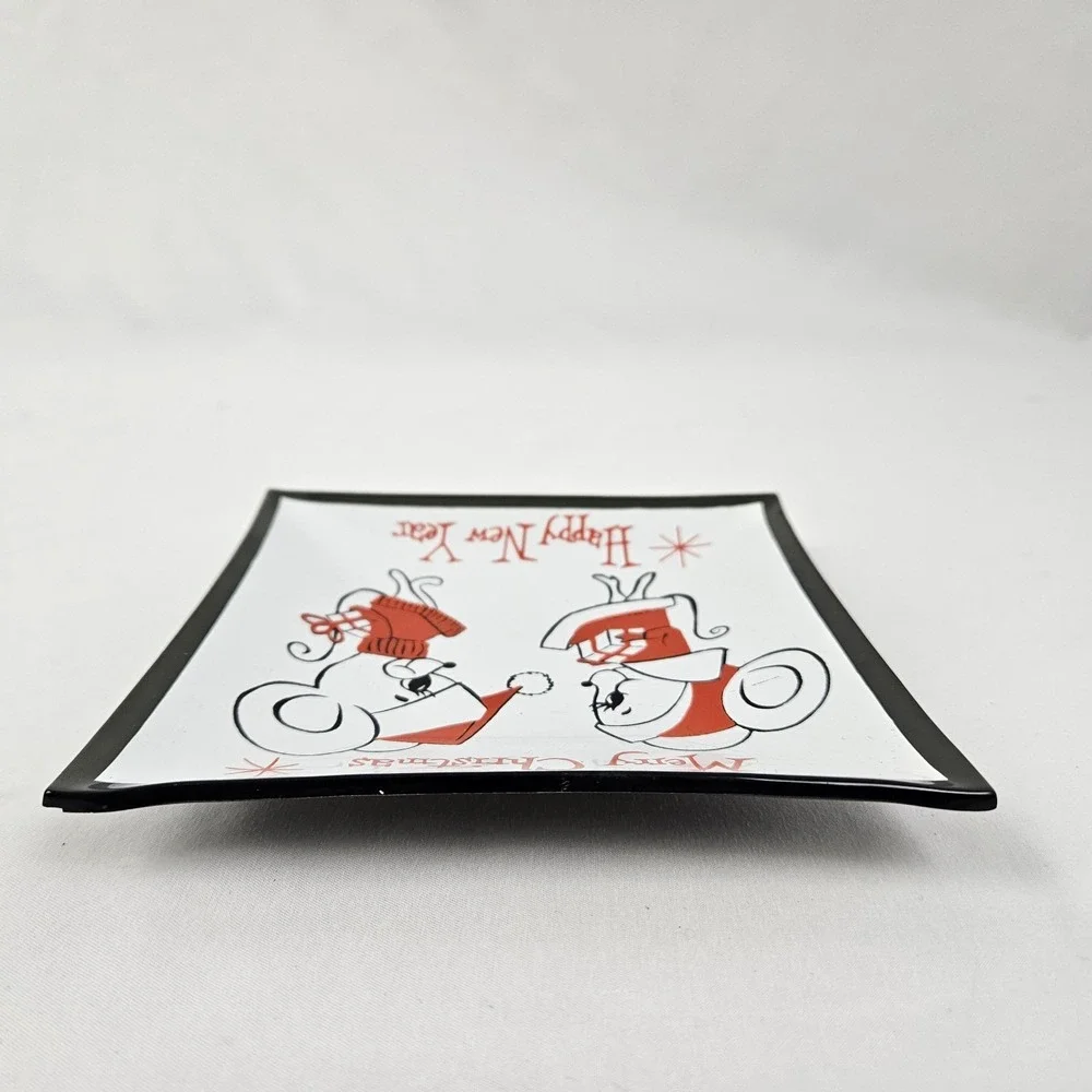 Vintage Campana Christmas Glass Trinket Tray Dish New Years Mouse MCM Retro